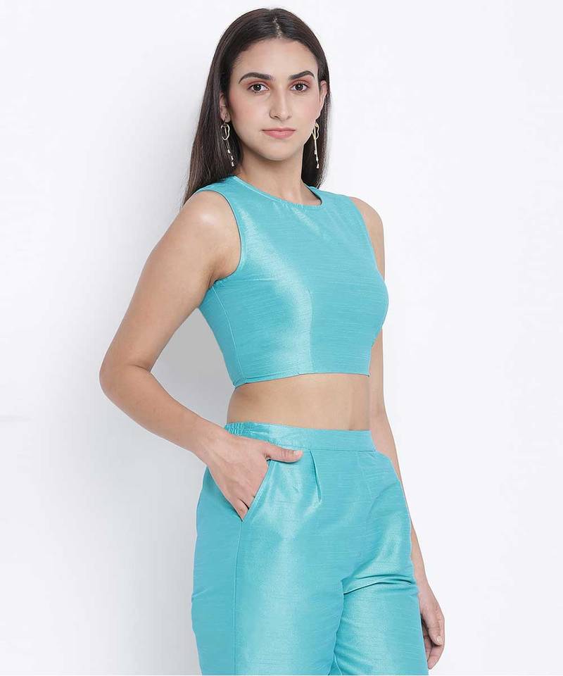Mettalic Turq Dupion silk women crop top