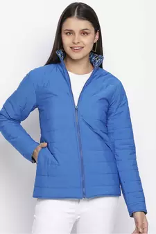 Doozy blue floral print reversible quilted women jacket