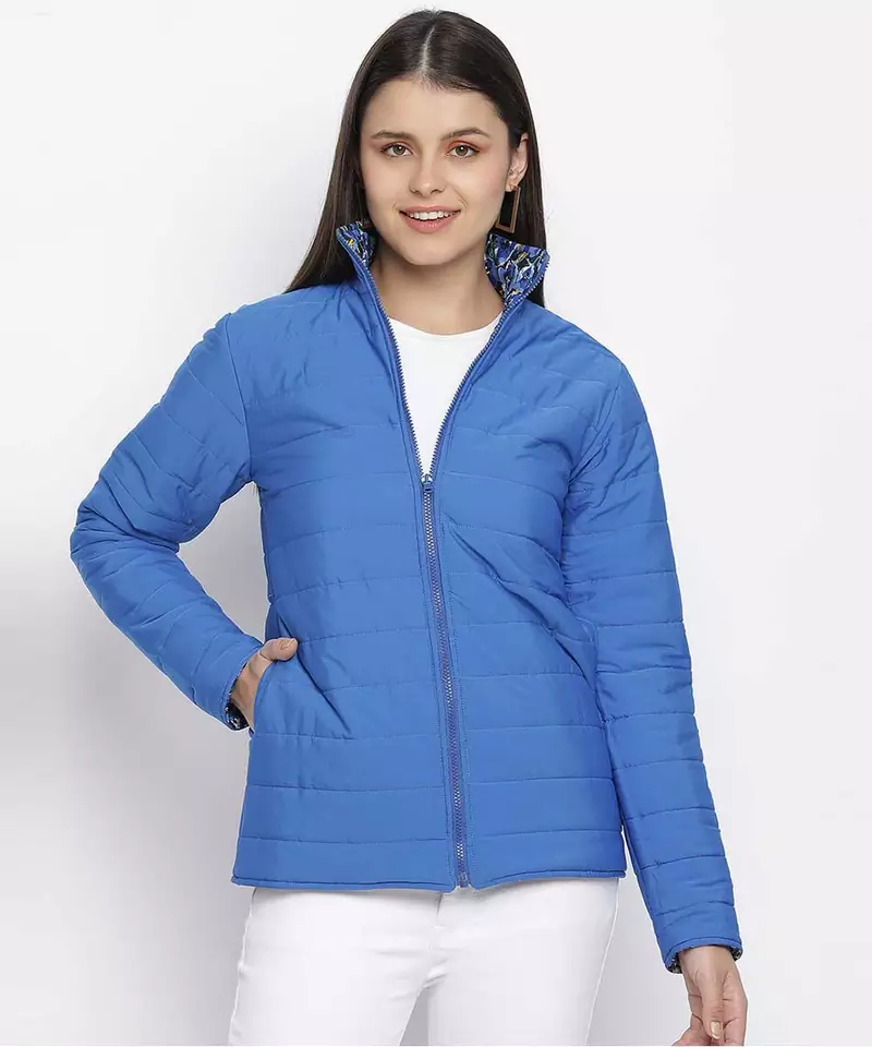 Doozy blue floral print reversible quilted women jacket