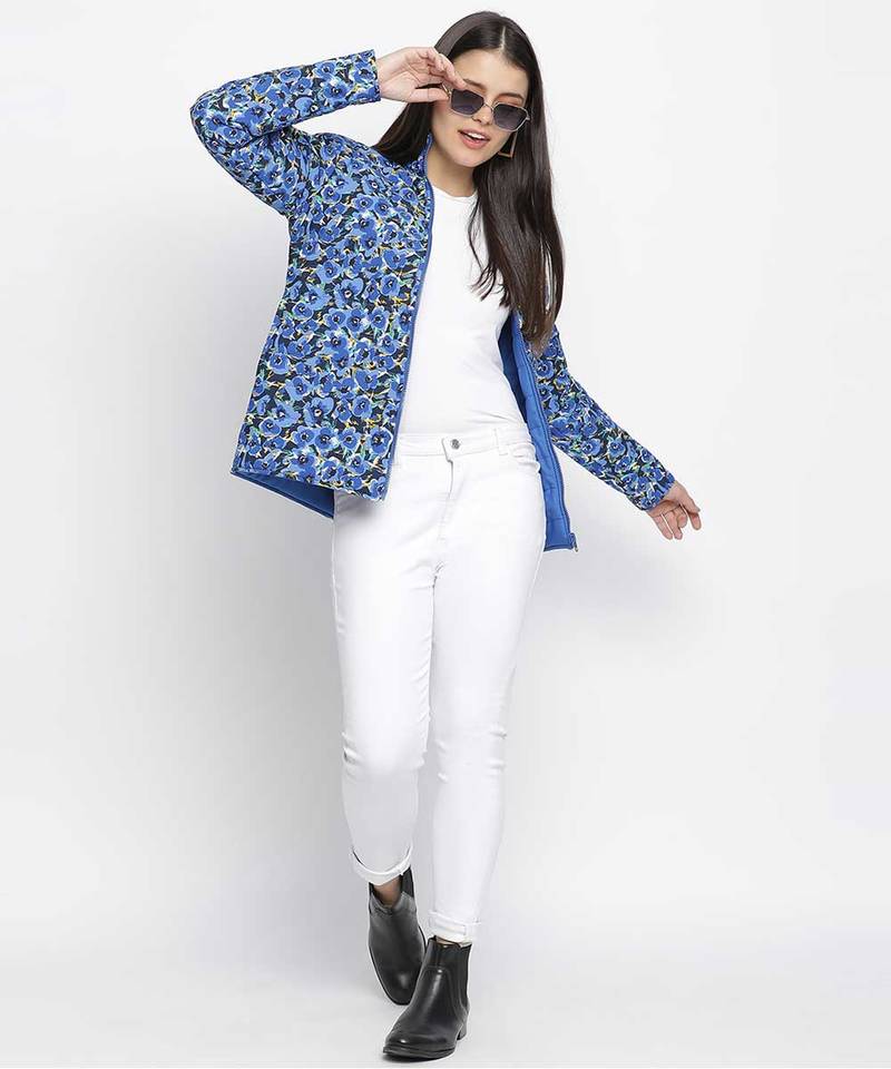 Doozy blue floral print reversible quilted women jacket