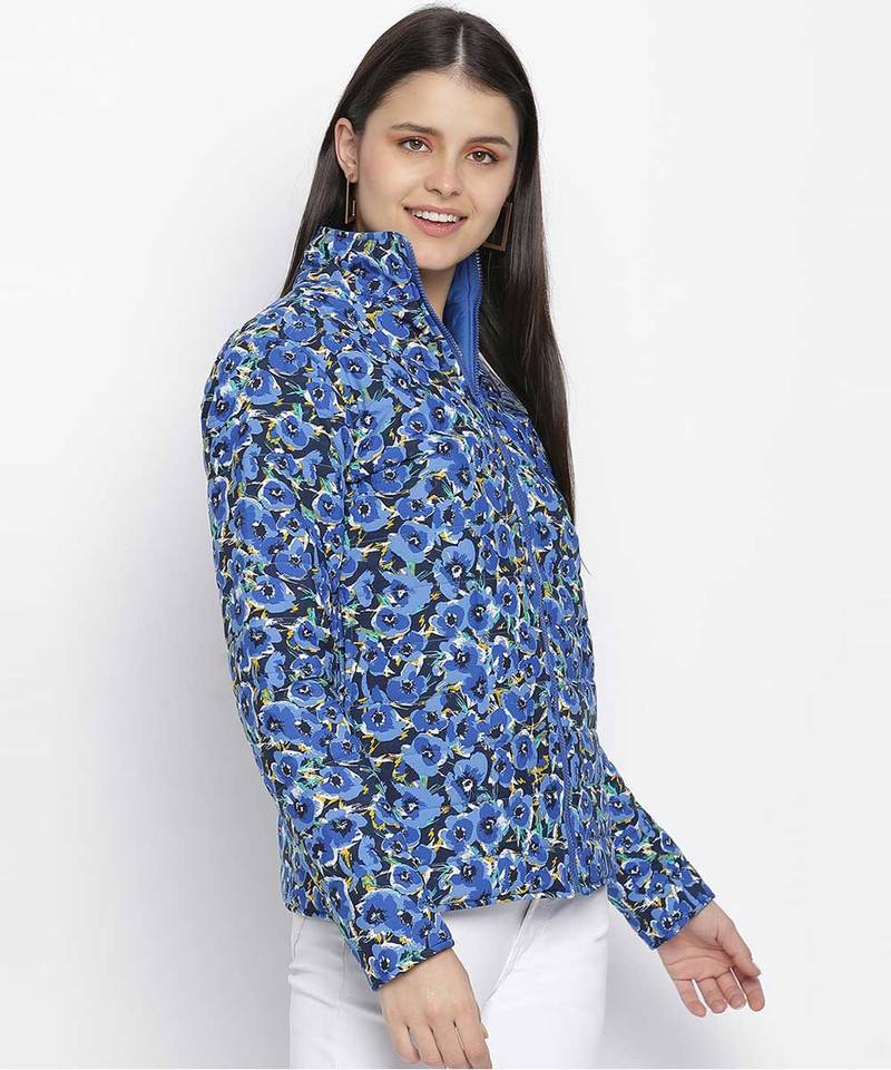 Doozy blue floral print reversible quilted women jacket