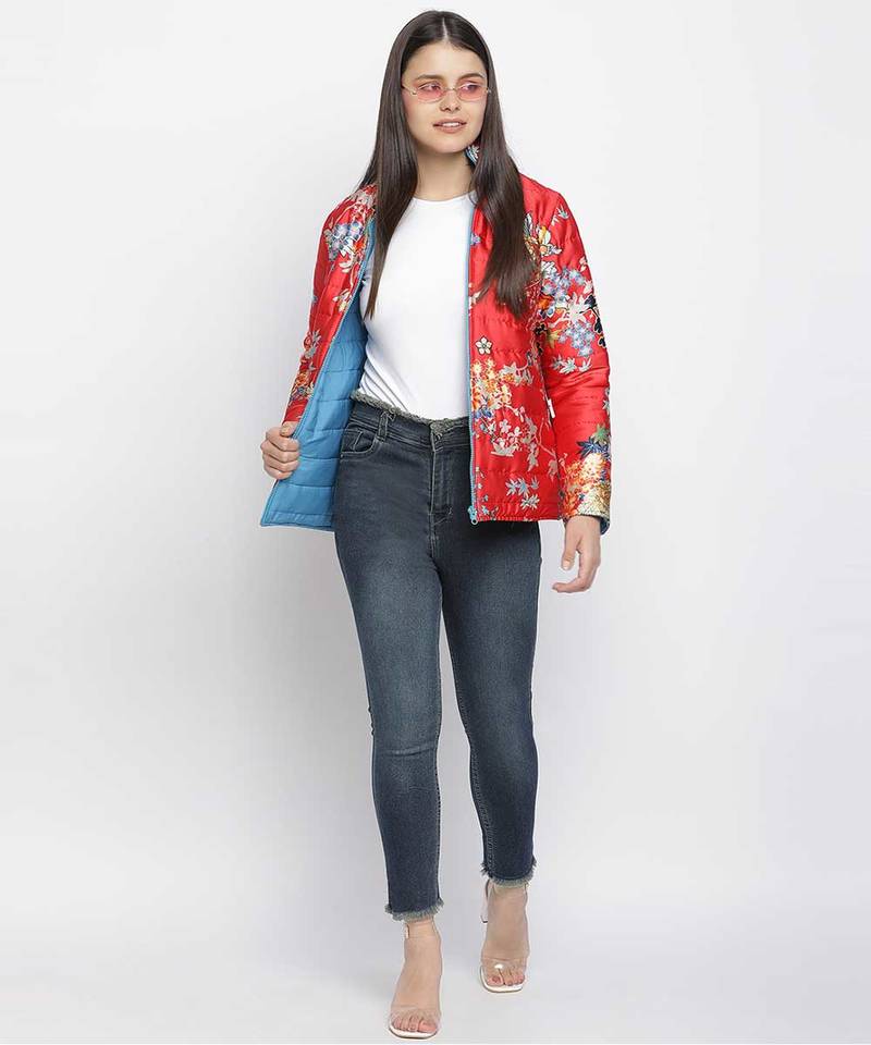 Beautus red floral print reversible quilted women jacket