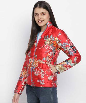 Beautus red floral print reversible quilted women jacket 3