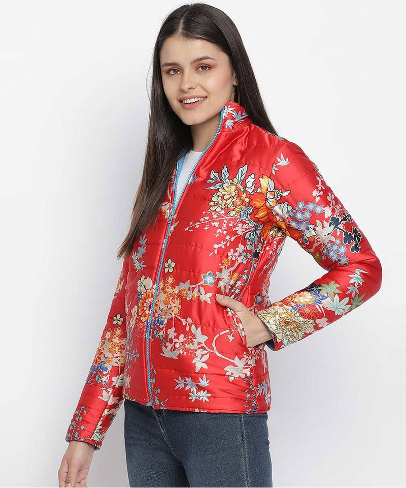 Beautus red floral print reversible quilted women jacket