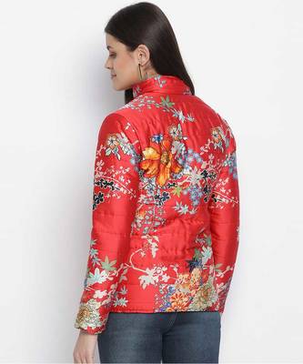 Beautus red floral print reversible quilted women jacket 4