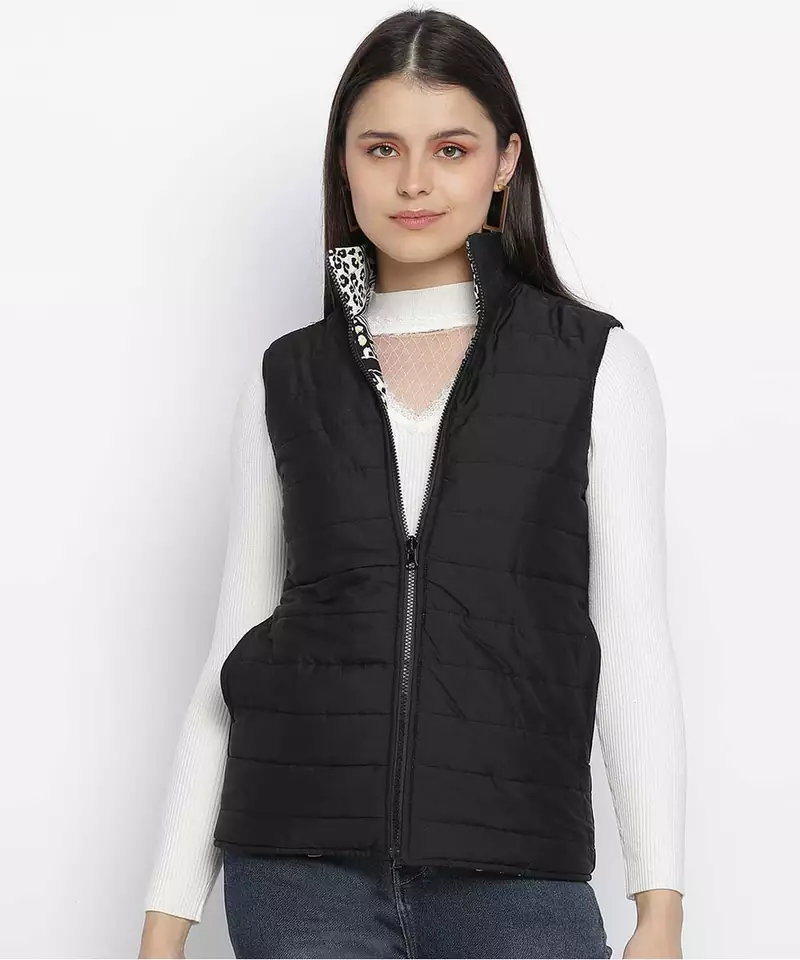 Grooving black animal print reversible quilted women jacket