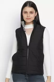 Grooving black animal print reversible quilted women jacket