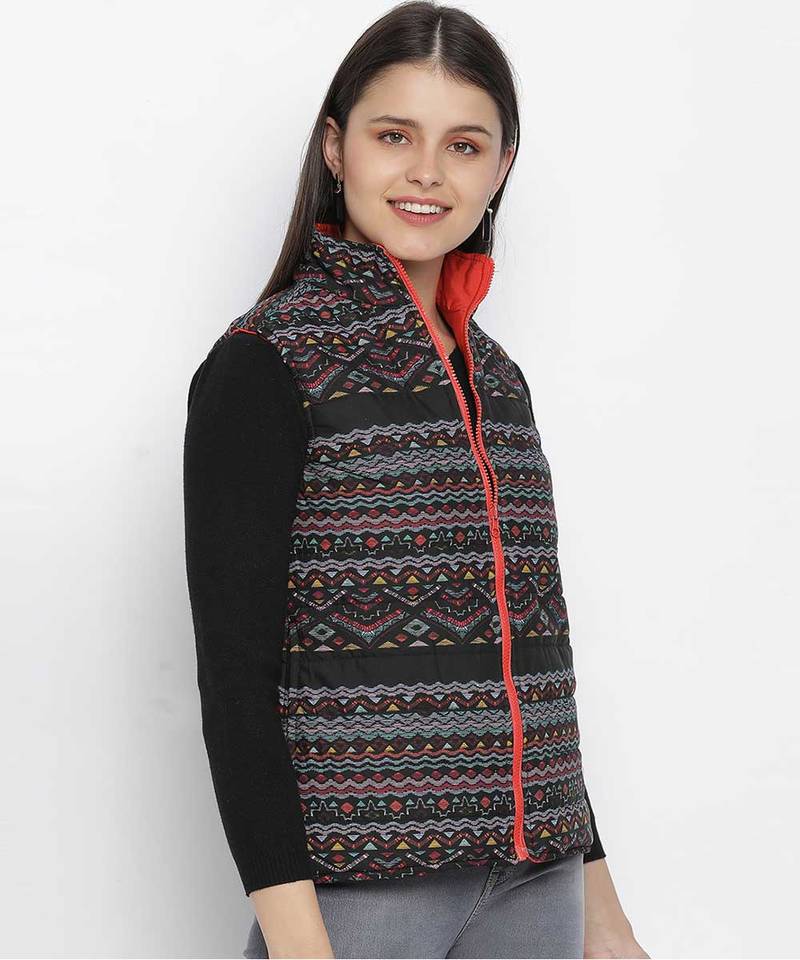 Larking symmetrical print  reversible quilted women jacket