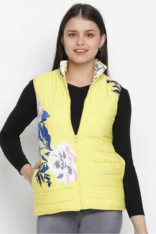 Lemony tropical print reversible quilted women jacket
