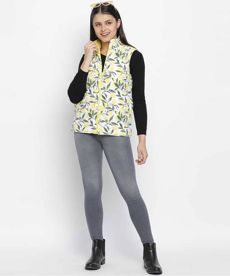 Lemony tropical print reversible quilted women jacket