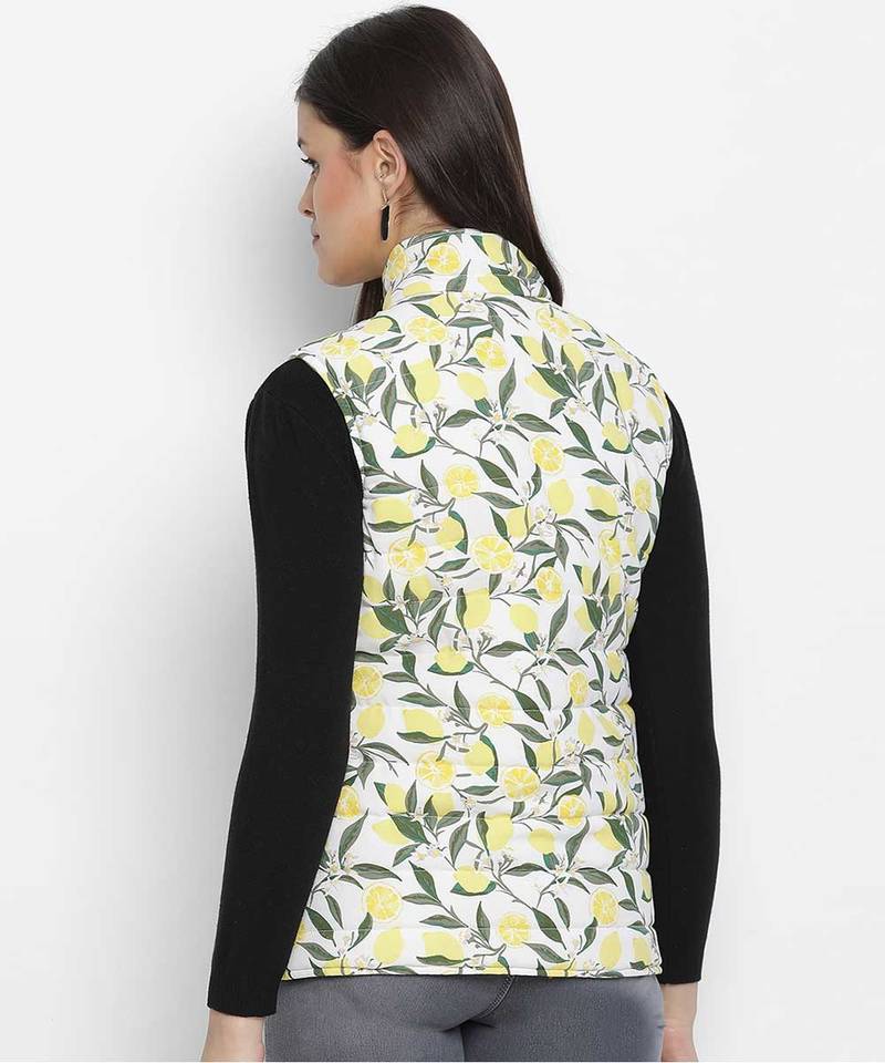 Lemony tropical print reversible quilted women jacket
