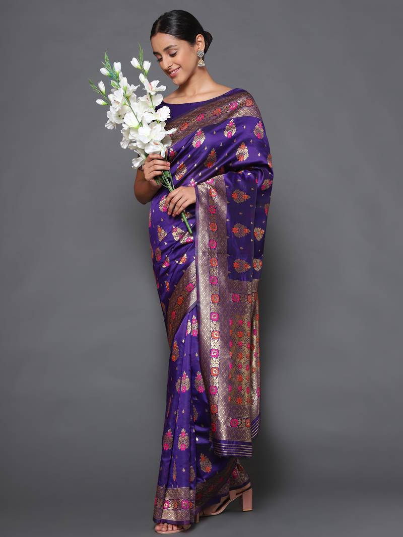 Glemora Purple Designer Ethnic Wear Silk Blend  Traditional Saree