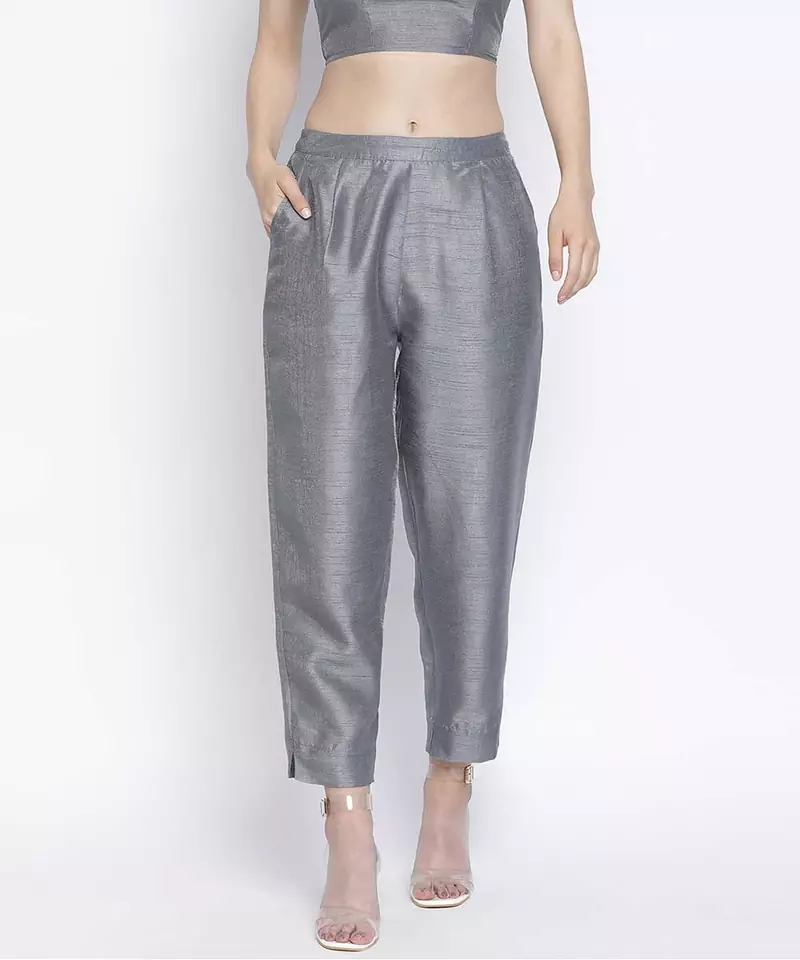 Soild grey Dupion silk women pant