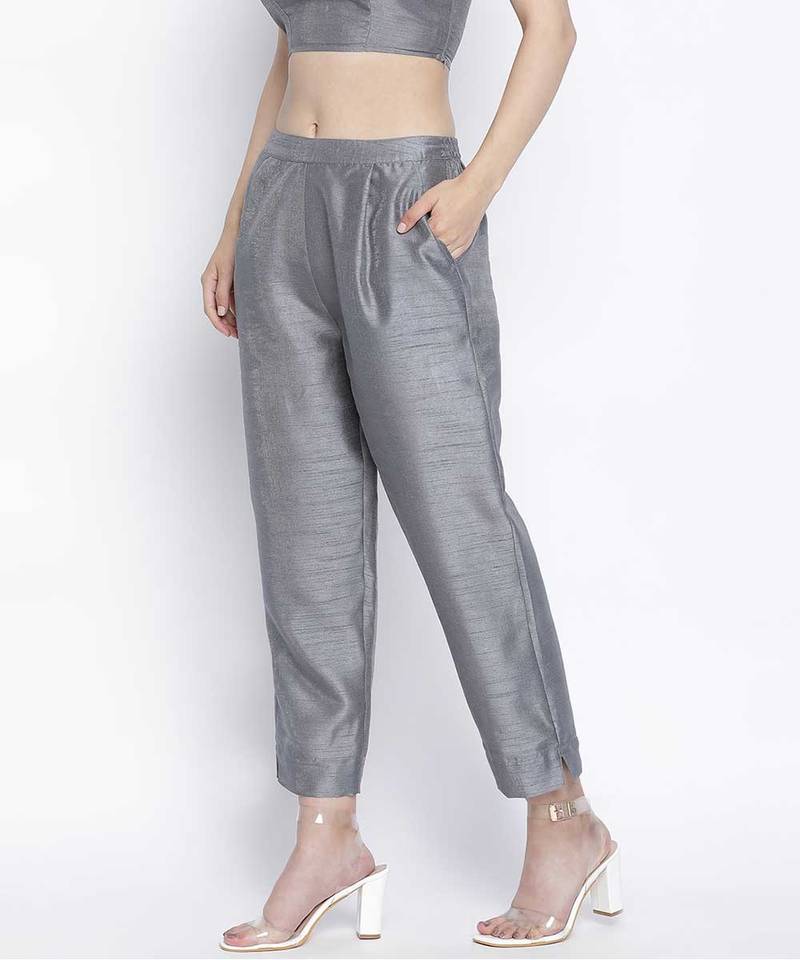 Soild grey Dupion silk women pant