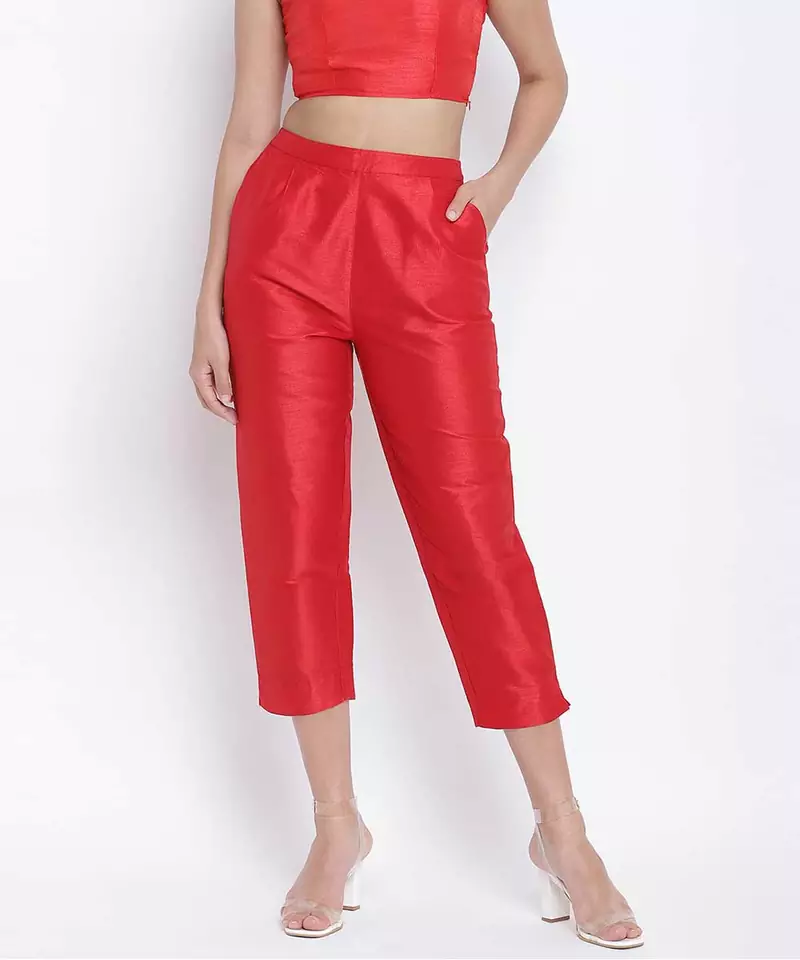 Heartly Red Dupion Silk women pant