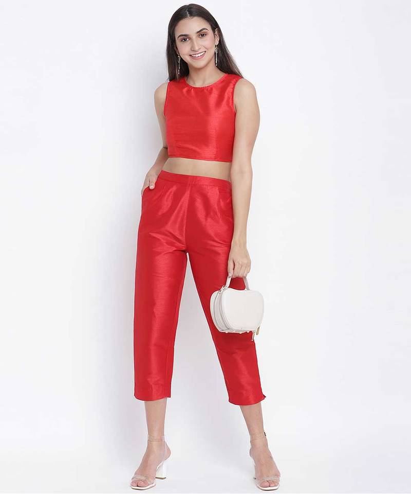 Heartly Red Dupion Silk women pant