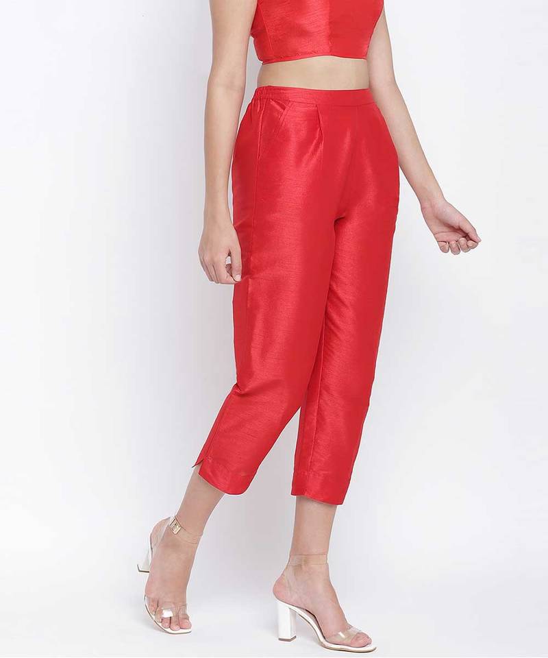 Heartly Red Dupion Silk women pant