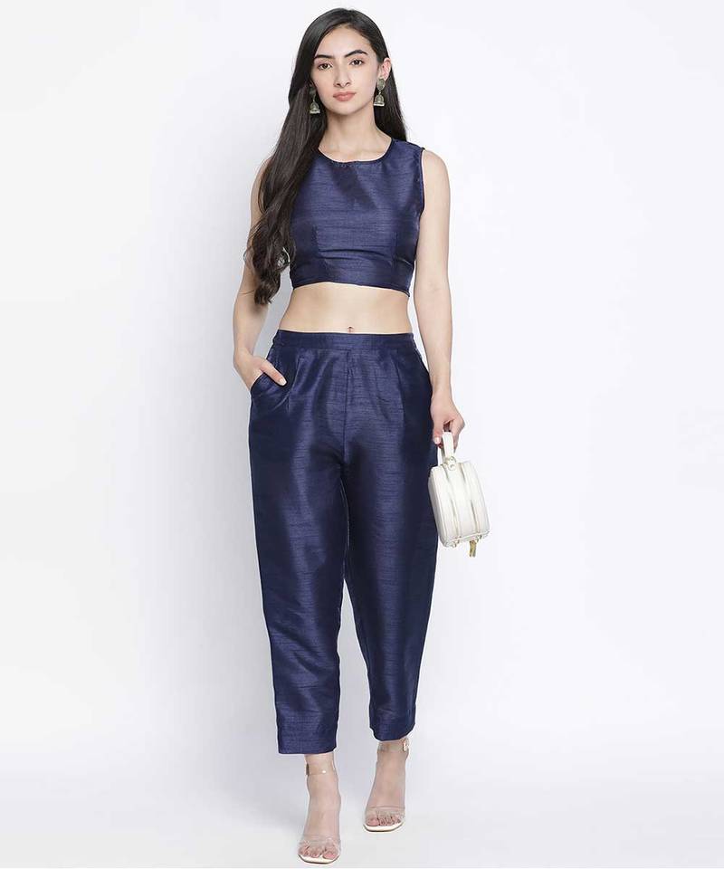 Romanlic Navy blue Dupion silk women pant