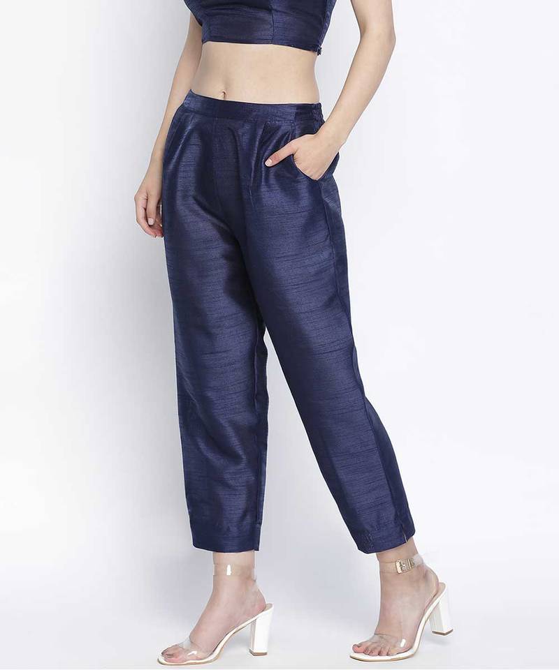 Romanlic Navy blue Dupion silk women pant