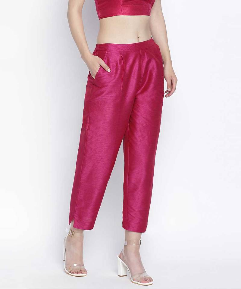 Ivolic Solid pink Dupion silk women pant