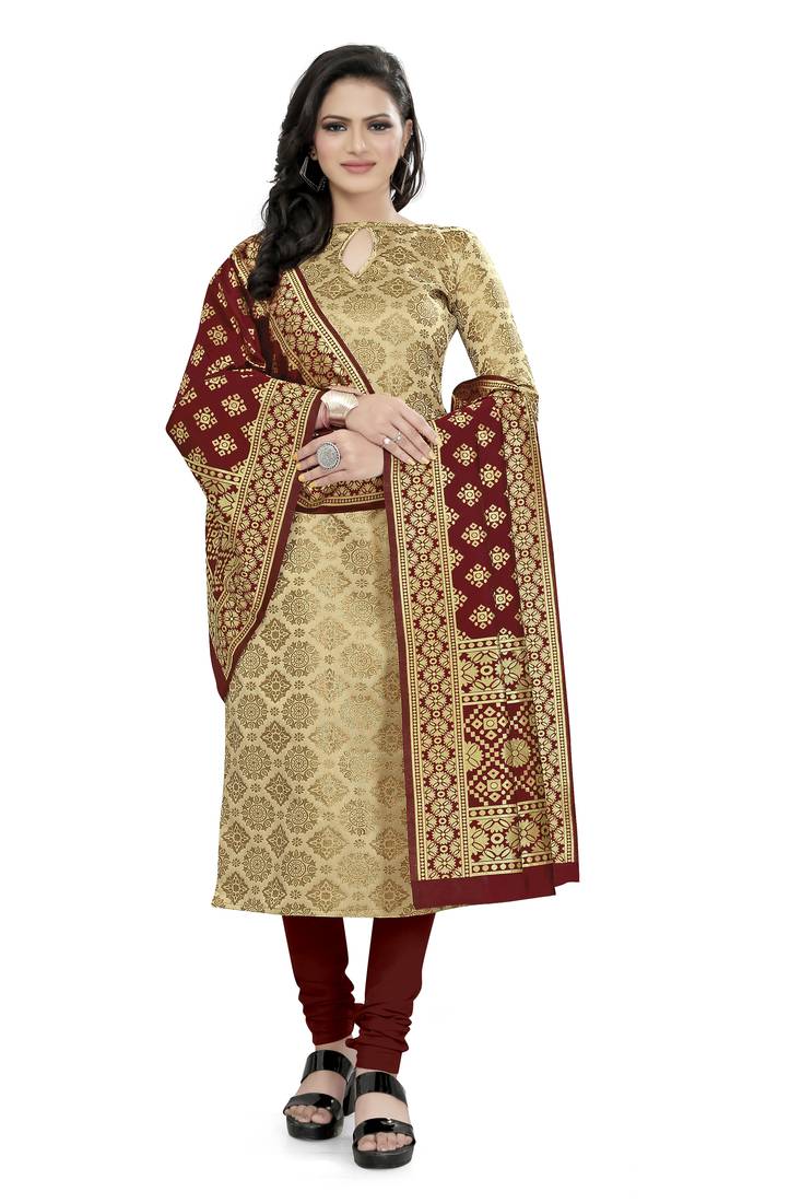  Baige Banarasi silk Unstitched dress material