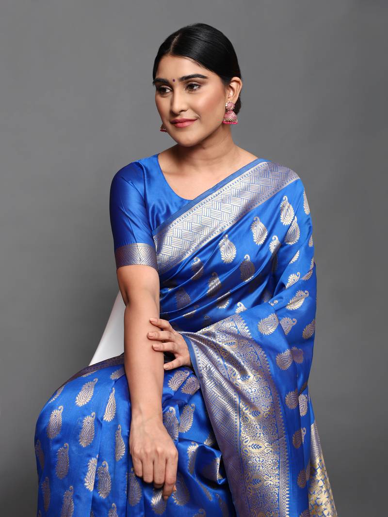 Glemora Blue Beautiful Ethnic Wear Silk Blend  Traditional Saree