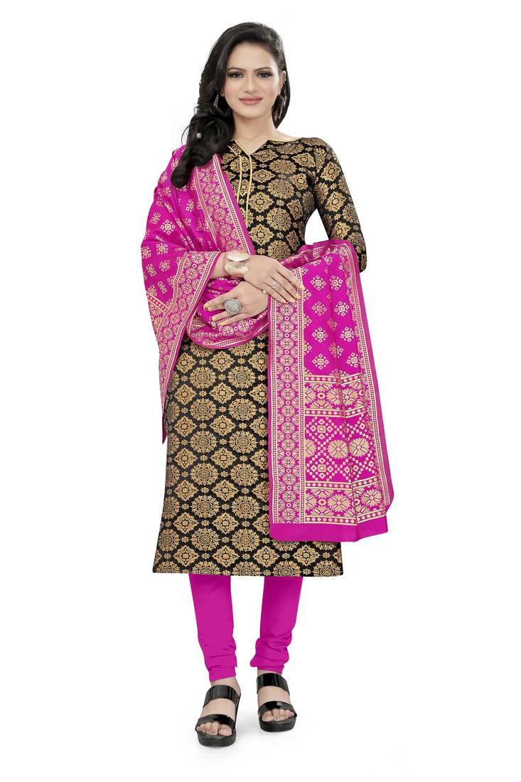  Black Banarasi silk Unstitched dress material