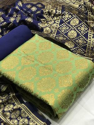  Green Banarasi silk Unstitched dress material 1