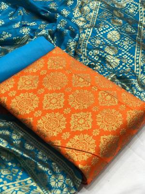  Orange Banarasi silk Unstitched dress material 1