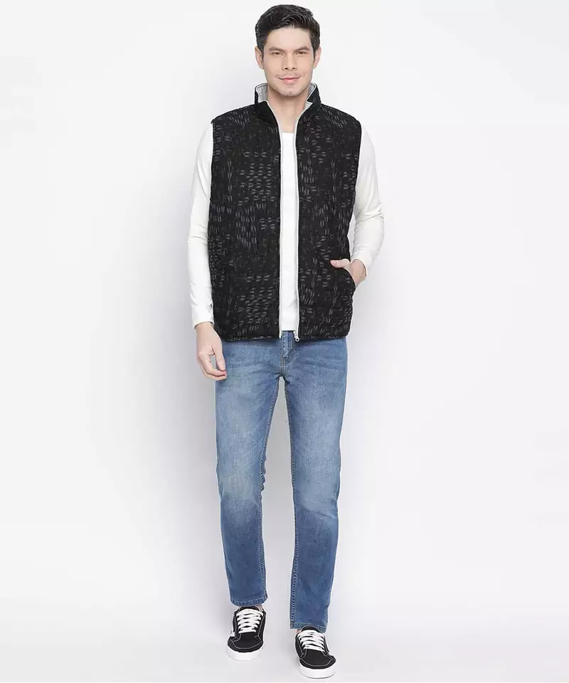 Vibrant black printed mezz  Reversible Quilted men Jacket