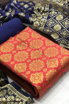  Red blue Banarasi silk Unstitched dress material