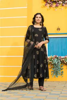 Pheeta Black Gold Hand Block Print Gota Set with Dupatta