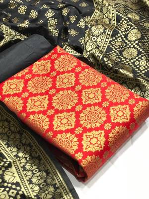  Red black Banarasi silk Unstitched dress material 1