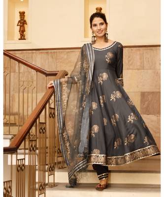 Pheeta Grey Gold Hand Block Print with Gold Printed Dupatta 1