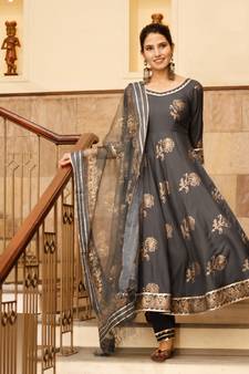 Pheeta Grey Gold Hand Block Print with Gold Printed Dupatta