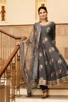 Pheeta Grey Gold Hand Block Print with Gold Printed Dupatta