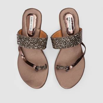 Purely Lush Brown Glitter Ethnic Flat Slippers for Women 1