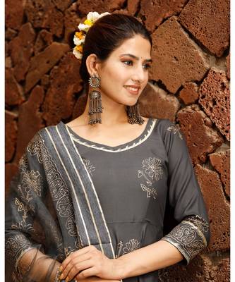 Pheeta Grey Gold Hand Block Print with Gold Printed Dupatta 6