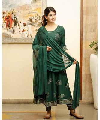 Pheeta Olive Green Block Print with Dotted Dupatta 3