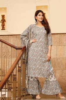 Pheeta Light Grey Floral Hand Block Printed Set with Flared Pants and Dupatta