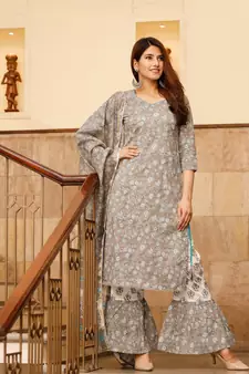Pheeta Light Grey Floral Hand Block Printed Set with Flared Pants and Dupatta