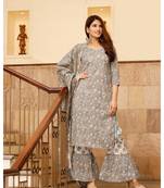 Pheeta Light Grey Floral Hand Block Printed Set with Flared Pants and Dupatta
