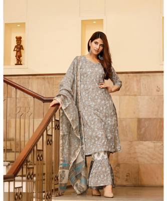 Pheeta Light Grey Floral Hand Block Printed Set with Flared Pants and Dupatta 4