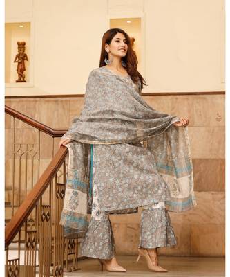Pheeta Light Grey Floral Hand Block Printed Set with Flared Pants and Dupatta 5