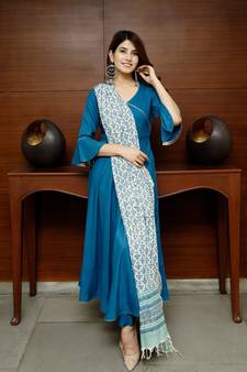 Pheeta Sapphire Blue Solid Suit Set with Block Print Dupatta