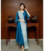 Pheeta Sapphire Blue Solid Suit Set with Block Print Dupatta