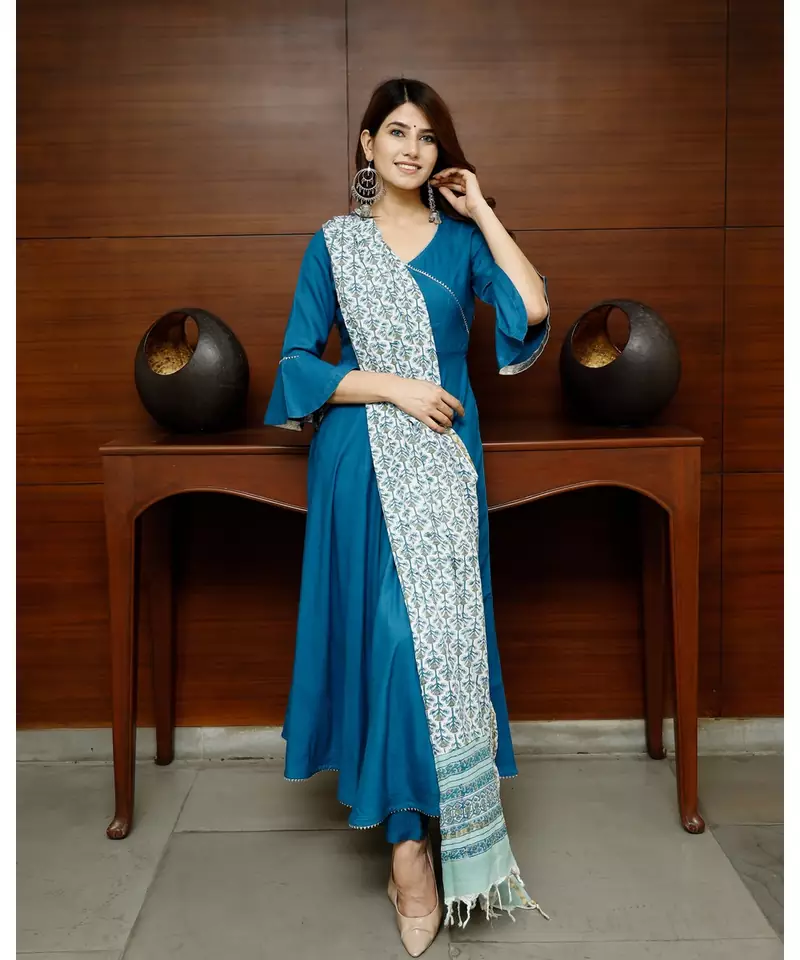Pheeta Sapphire Blue Solid Suit Set with Block Print Dupatta
