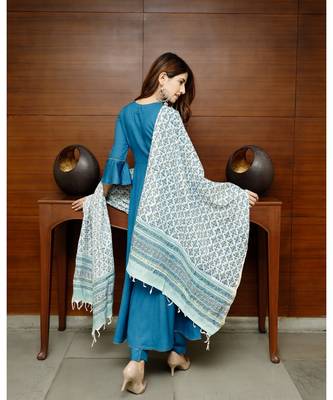 Pheeta Sapphire Blue Solid Suit Set with Block Print Dupatta 2