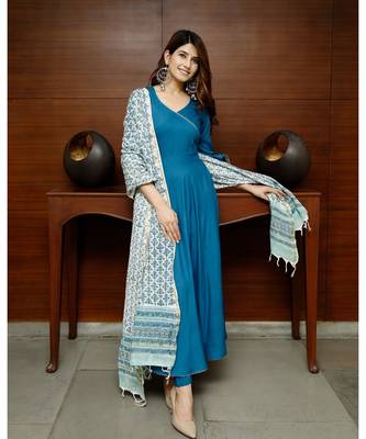 Pheeta Sapphire Blue Solid Suit Set with Block Print Dupatta 4