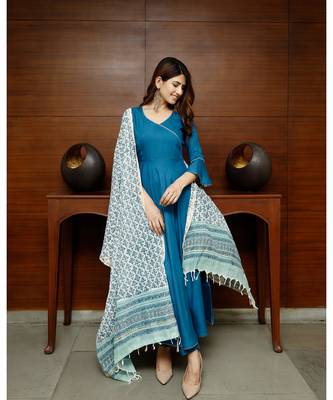 Pheeta Sapphire Blue Solid Suit Set with Block Print Dupatta 6